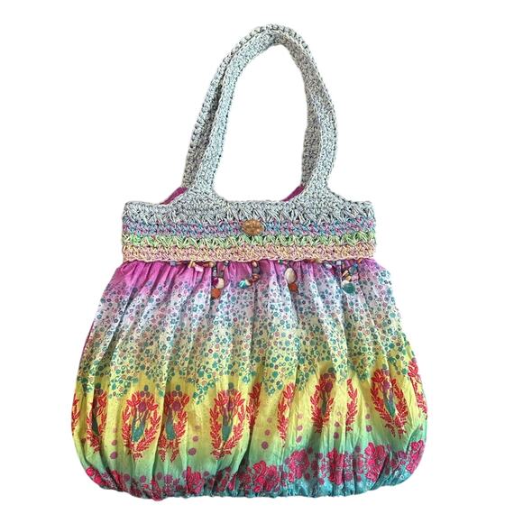 Multicolor Oversized Boho shoulder bag- Blue Miami- coastal cowgirl- Preowned - Picture 1 of 7